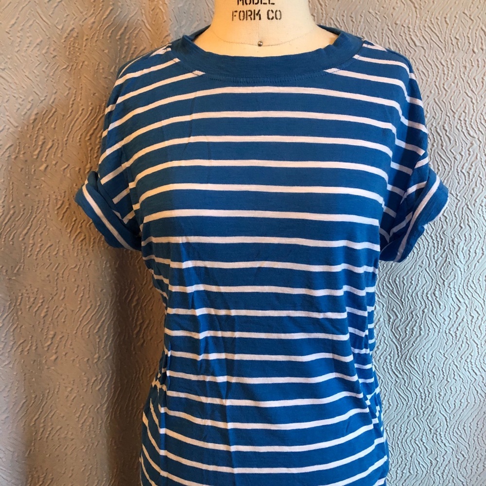 Ladies Abound blue and white striped tee shirt